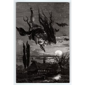 Vintage Witch Flying Over Cottage with Bats 4x6 Black & White Photo Halloween